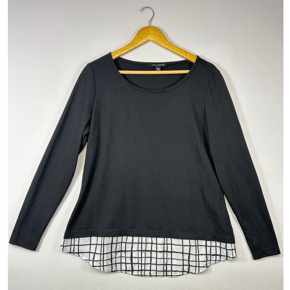 Business Casual Zac &‎ Rachel Women Large Black Mixed Media Grid Layered Top